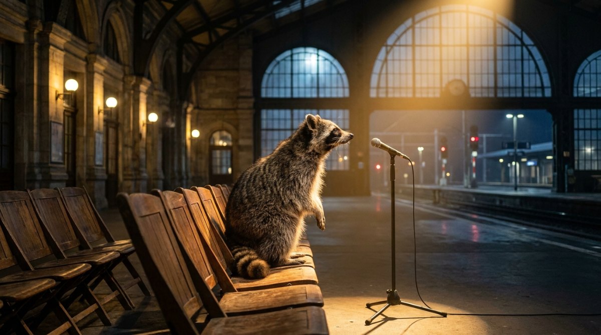 Vor dem Finale: Waschbär auf einem Klappstuhl in der nächtlichen Bahnhofshalle, vor ihm das Mikrofon im Lichtkegel
