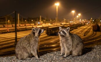Zwei Waschbären im Flutlicht eines Rangierbahnhofs bei Nacht – Poetry Slam und Depression