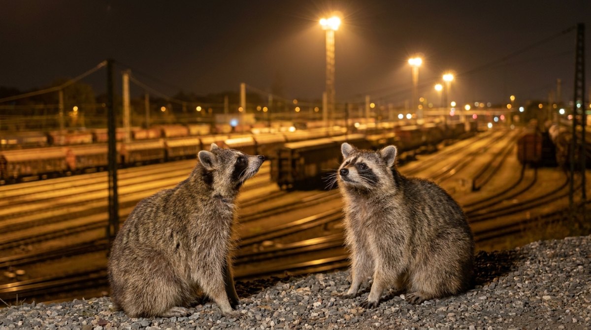 Zwei Waschbären im Flutlicht eines Rangierbahnhofs bei Nacht – Poetry Slam und Depression
