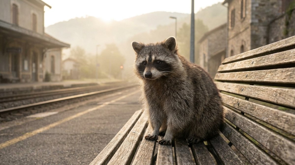 Waschbär auf einer Bahnsteigbank im ersten Morgenlicht – Depression, Hilfe und Poetry Slam
