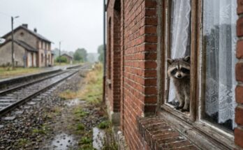 Waschbär späht hinter einer Spitzengardine aus dem Fenster eines Bahnwärterhauses – wie viel Privates preisgeben