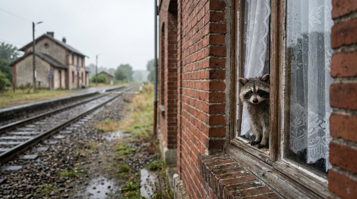 Waschbär späht hinter einer Spitzengardine aus dem Fenster eines Bahnwärterhauses – wie viel Privates preisgeben