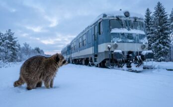 Poetry Slam über den Winter: ein Waschbär steht im tiefen Schnee neben einem verschneiten Zug
