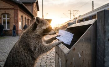 Waschbär zieht einen zerknüllten Zettel aus einem Mülleimer am Bahnhof – Wörter streichen im Text