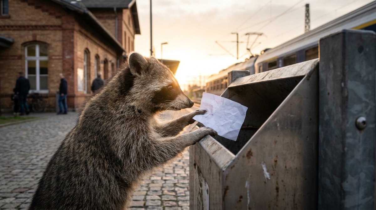 Waschbär zieht einen zerknüllten Zettel aus einem Mülleimer am Bahnhof – Wörter streichen im Text