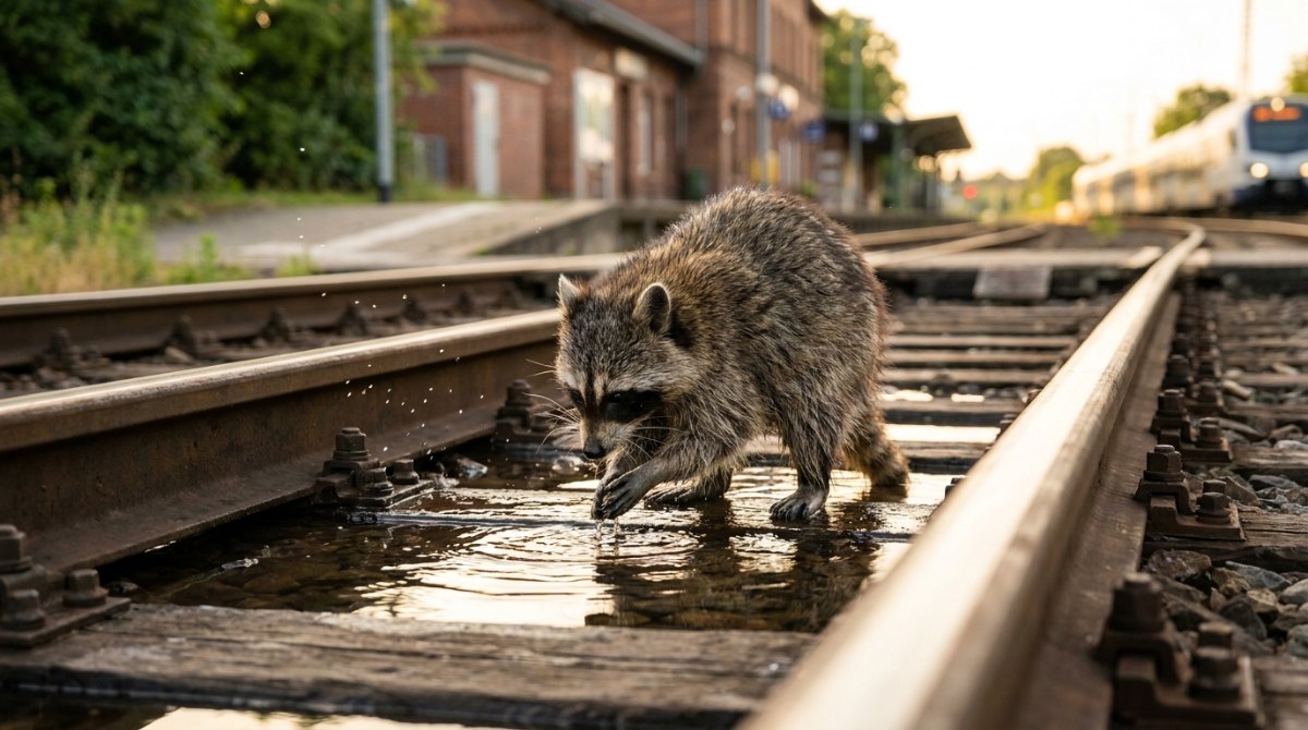 Waschbär wäscht die Pfoten in einer Pfütze zwischen den Schienen – Wörter streichen, Text säubern