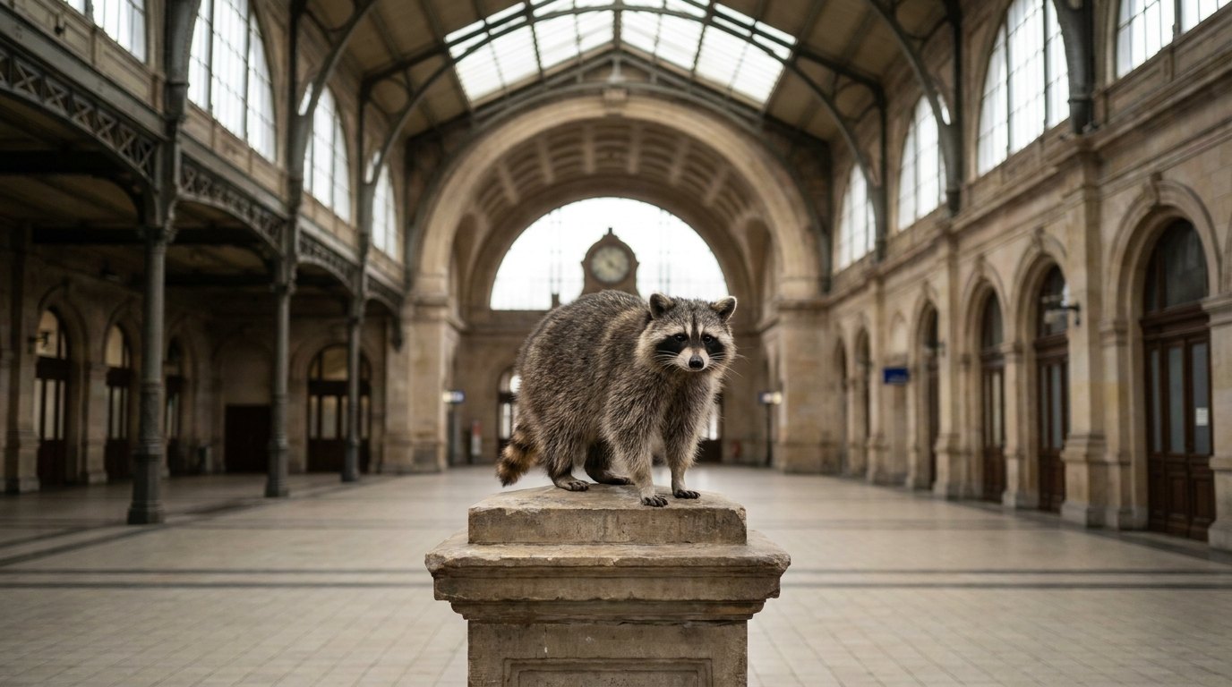 Waschbär steht erhöht in der Mitte einer großen Bahnhofshalle