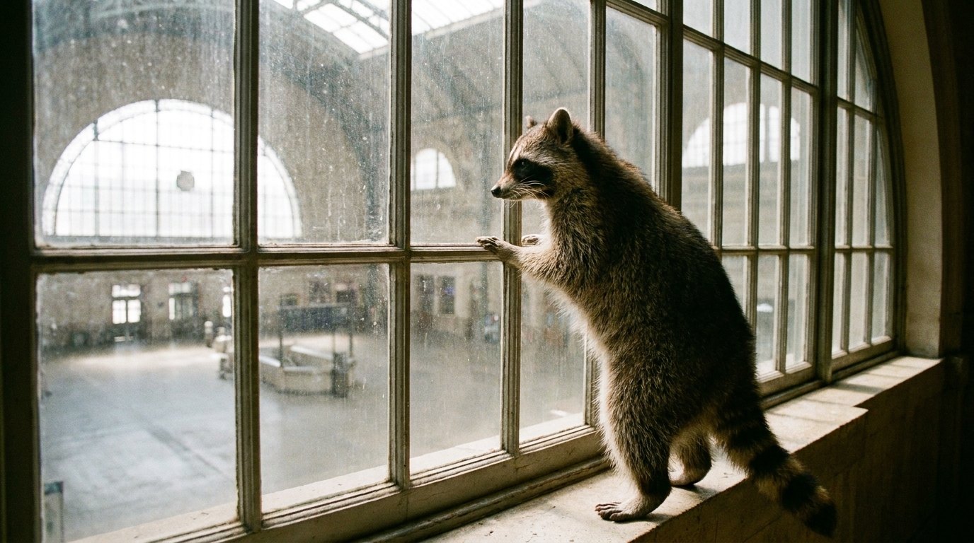 Waschbär blickt aus einem großen Bogenfenster über die Bahnhofshalle