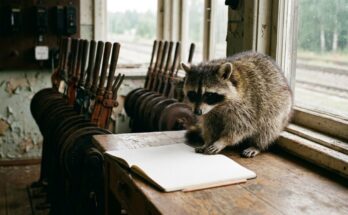 Waschbär im Stellwerk mit leerem Notizbuch – Wortneuschöpfung