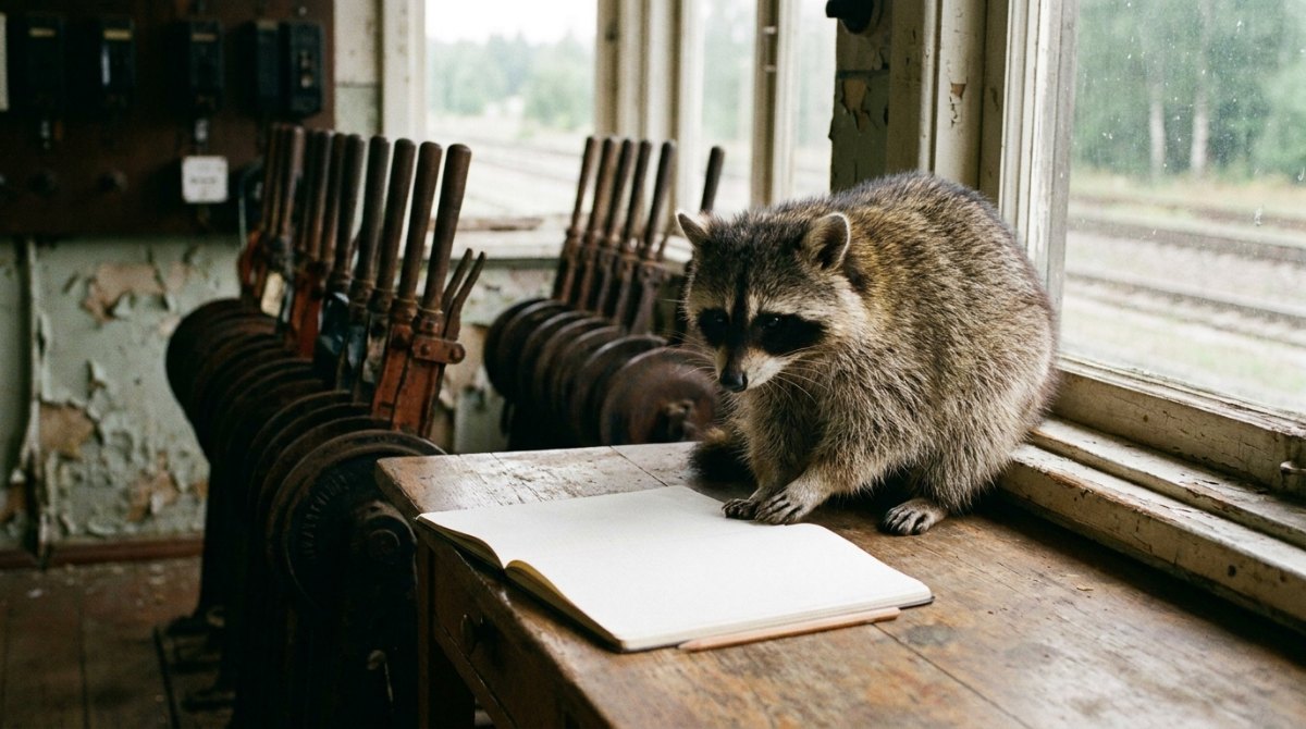 Waschbär im Stellwerk mit leerem Notizbuch – Wortneuschöpfung