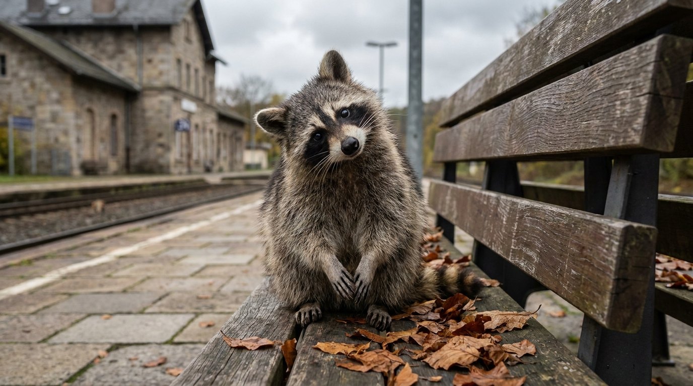 Ein Waschbär sitzt mit schief gelegtem Kopf und verschmitztem Blick auf einer Bahnsteigbank