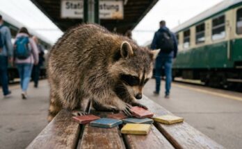 Wortspiele im Poetry Slam: ein Waschbär spielt auf einer Bahnsteigbank mit bunten Spielsteinen