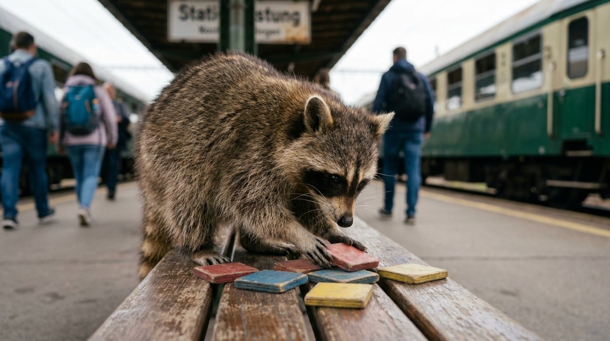 Wortspiele im Poetry Slam: ein Waschbär spielt auf einer Bahnsteigbank mit bunten Spielsteinen