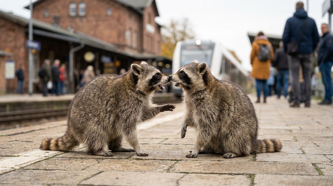 Zwei Waschbären sitzen sich Nase an Nase gegenüber, wie im Wortgeplänkel