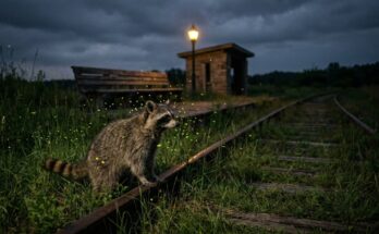 Wortwahl: Waschbär zwischen Glühwürmchen am Gleis eines kleinen Haltepunkts bei Nacht