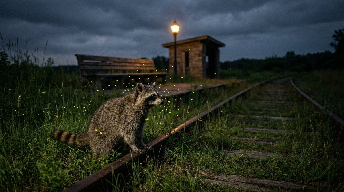 Wortwahl: Waschbär zwischen Glühwürmchen am Gleis eines kleinen Haltepunkts bei Nacht