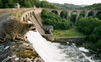 Wut-Texte: Waschbär auf der Mauer einer Talsperre über dem tosenden Überlauf, dahinter ein Eisenbahnviadukt