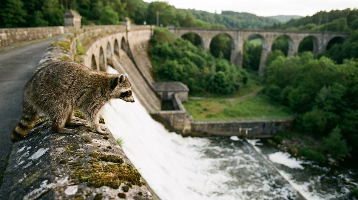 Wut-Texte: Waschbär auf der Mauer einer Talsperre über dem tosenden Überlauf, dahinter ein Eisenbahnviadukt