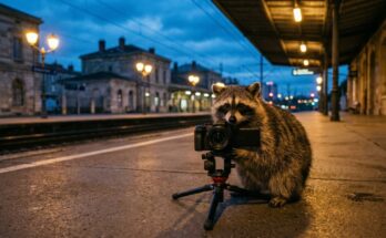 Waschbär mit Kamera auf dem Stativ am Bahnsteig – YouTube-Kanal starten