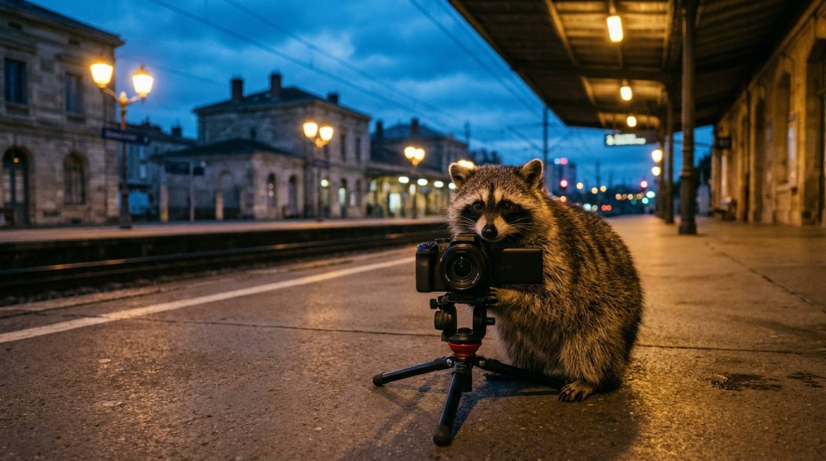 Waschbär mit Kamera auf dem Stativ am Bahnsteig – YouTube-Kanal starten