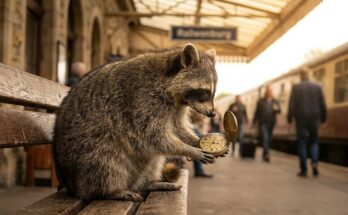Poetry Slam über die Zeit: ein Waschbär hält auf einer Bahnsteigbank eine alte Taschenuhr in den Pfoten