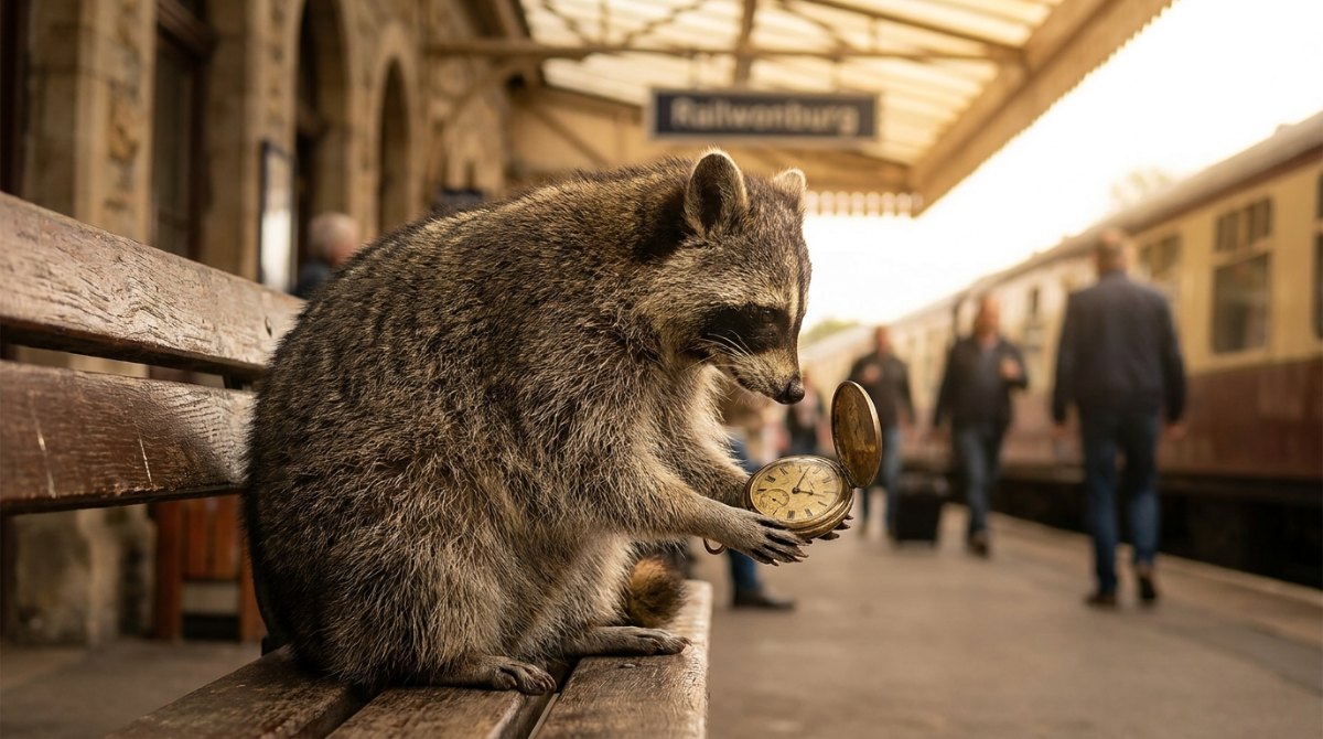 Poetry Slam über die Zeit: ein Waschbär hält auf einer Bahnsteigbank eine alte Taschenuhr in den Pfoten