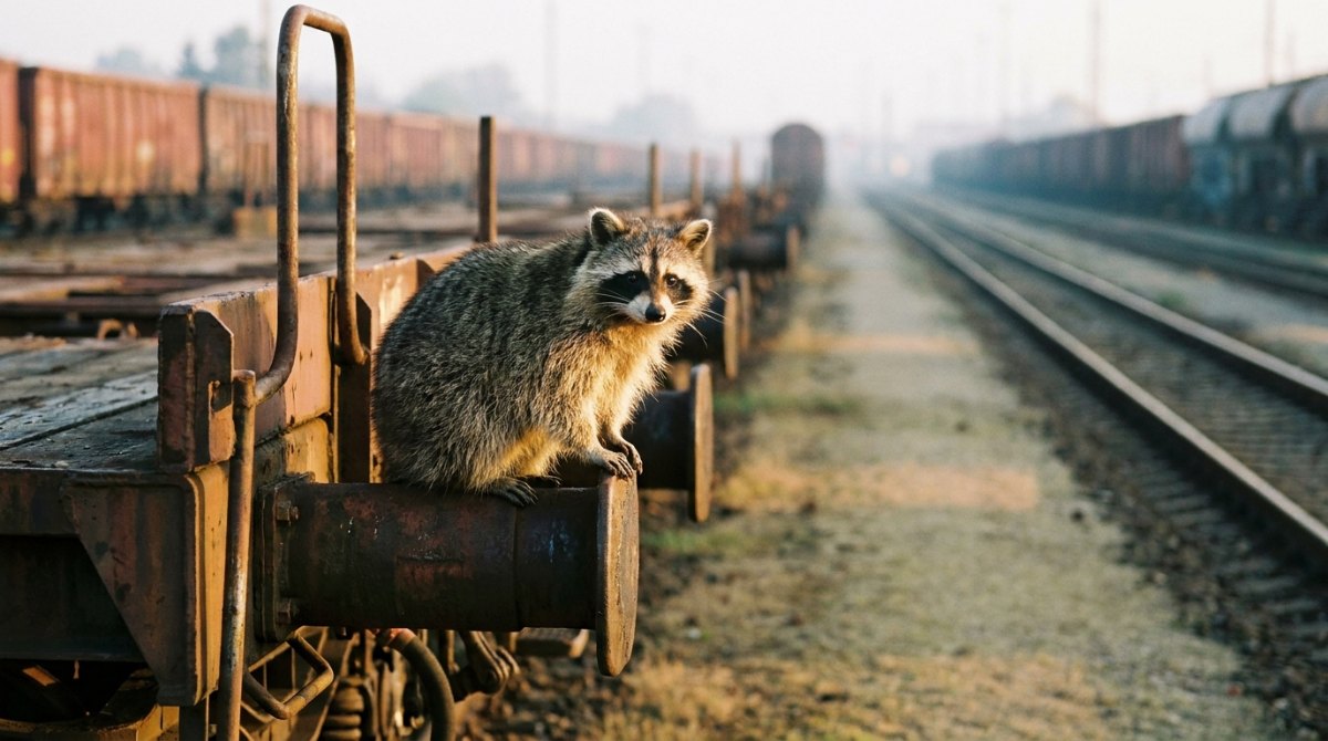 Waschbär auf dem Puffer eines Güterwagens im Rangierbahnhof – Ziele setzen im Slam