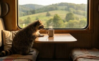 Poetry Slam über Zufriedenheit: ein Waschbär sitzt am Zugfenster neben einer dampfenden Tasse Tee