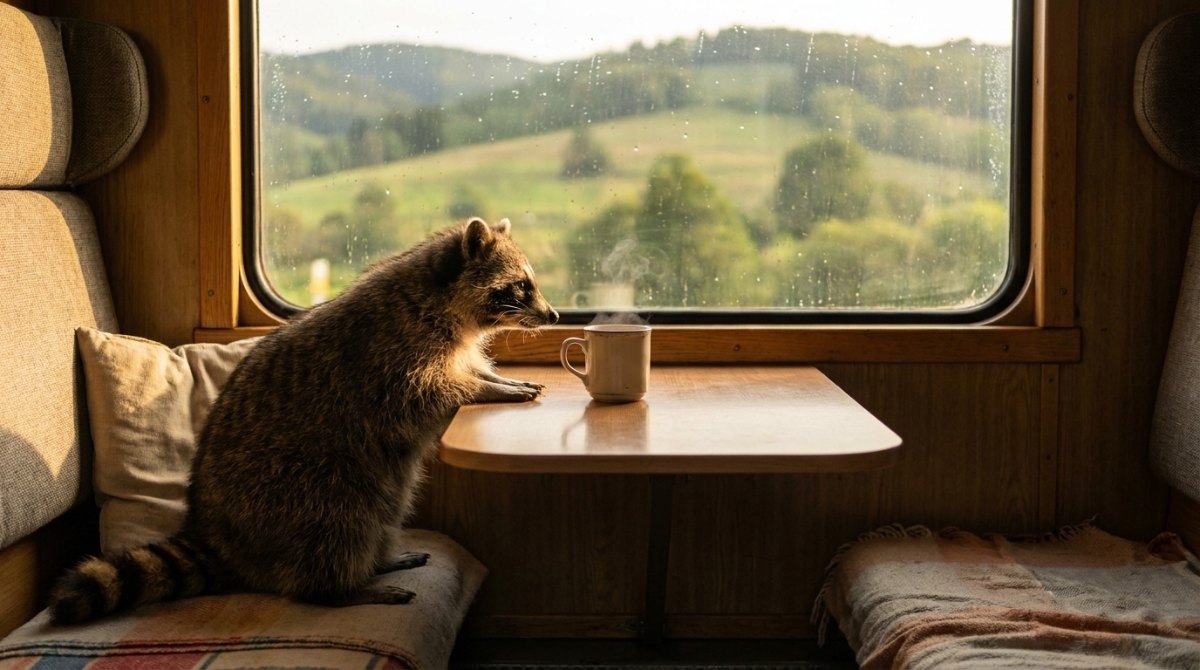 Poetry Slam über Zufriedenheit: ein Waschbär sitzt am Zugfenster neben einer dampfenden Tasse Tee