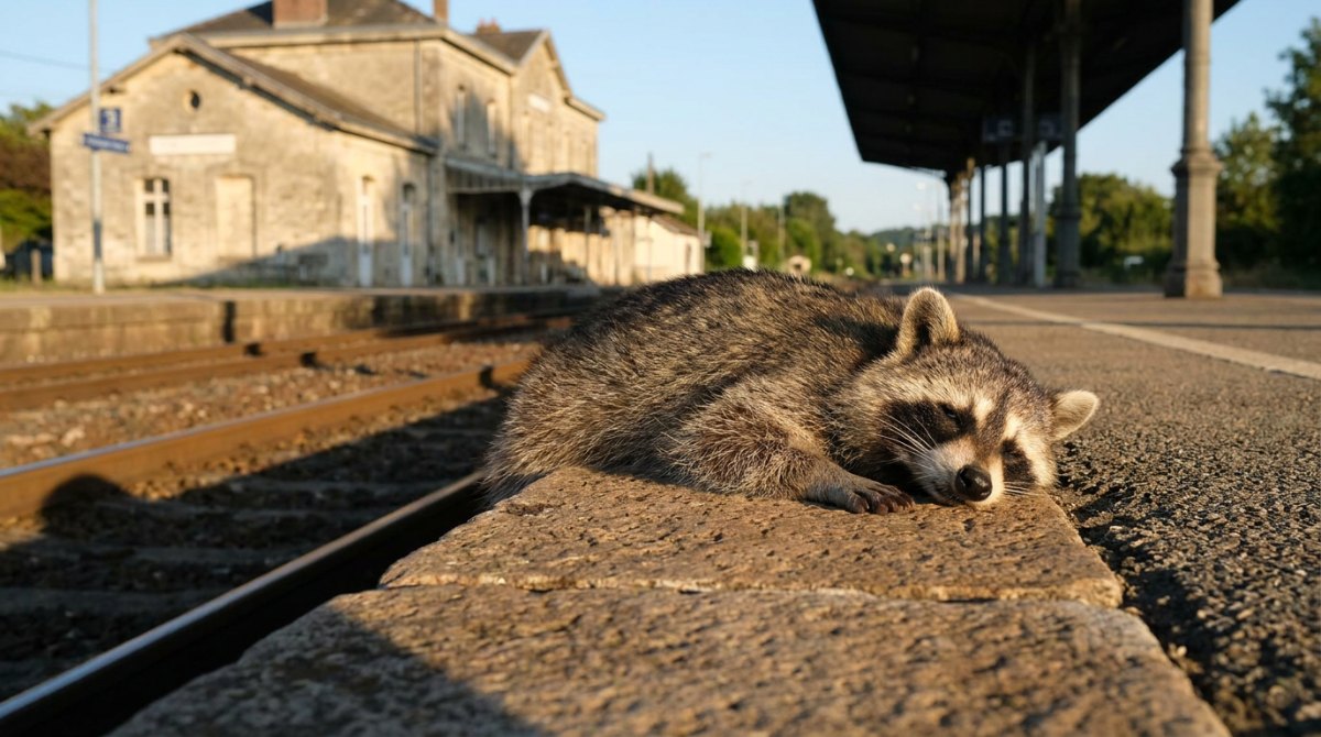 Waschb&auml;r steigt aus und genie&szlig;t den Moment