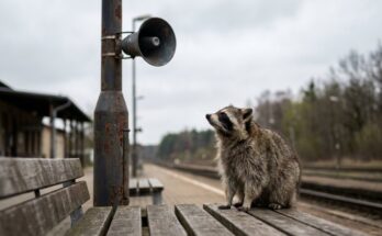 Waschbär lauscht einem Bahnsteig-Lautsprecher – wenn ein Text zu kompliziert geschrieben ist