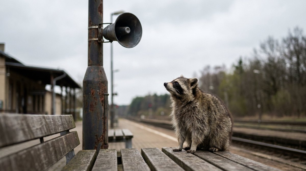 Waschbär lauscht einem Bahnsteig-Lautsprecher – wenn ein Text zu kompliziert geschrieben ist
