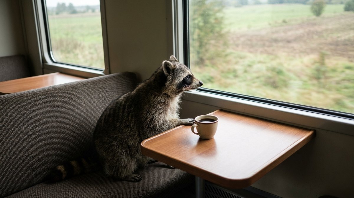 Waschbär im Zug neben einer Tasse Kaffee – Tiefe unter der Oberfläche statt zu kompliziert geschrieben