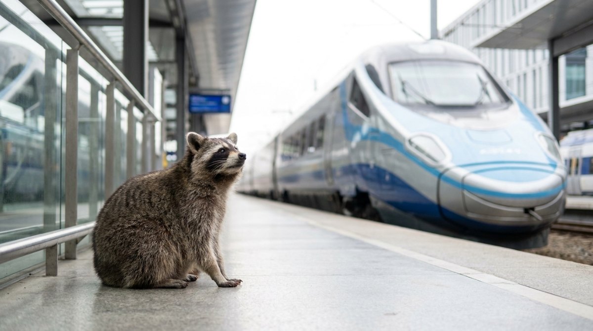Ein Waschbär sitzt auf dem Bahnsteig eines modernen Bahnhofs neben einem neuen Hochgeschwindigkeitszug