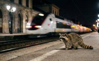 Zukunft im Poetry Slam: Waschbär am Bahnsteig, dahinter rauscht ein Hochgeschwindigkeitszug vorbei