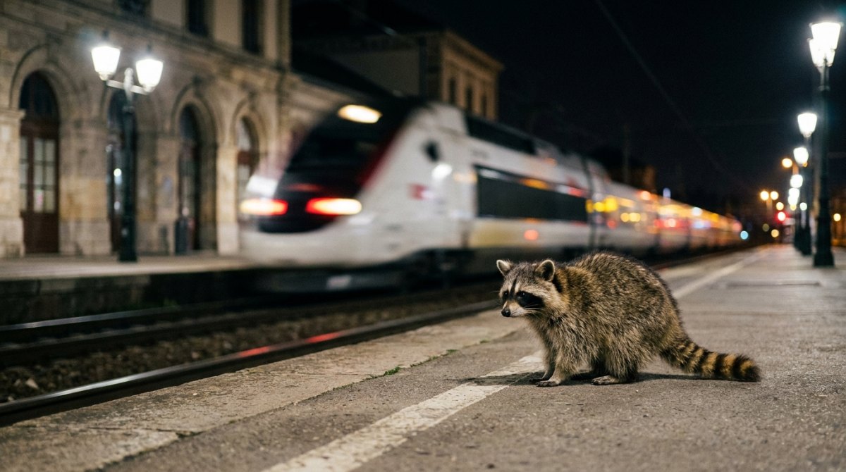 Zukunft im Poetry Slam: Waschbär am Bahnsteig, dahinter rauscht ein Hochgeschwindigkeitszug vorbei