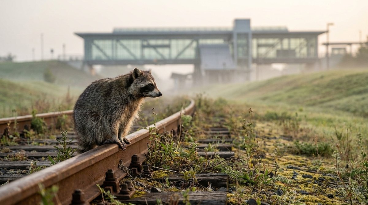 Zukunft Poetry Slam: Waschbär auf einem stillgelegten Gleis vor einem modernen Glasbahnhof im Nebel