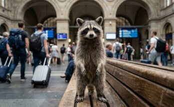 Waschbär steht aufgerichtet auf einer Bank in der Bahnhofshalle – Zwischenrufe kontern