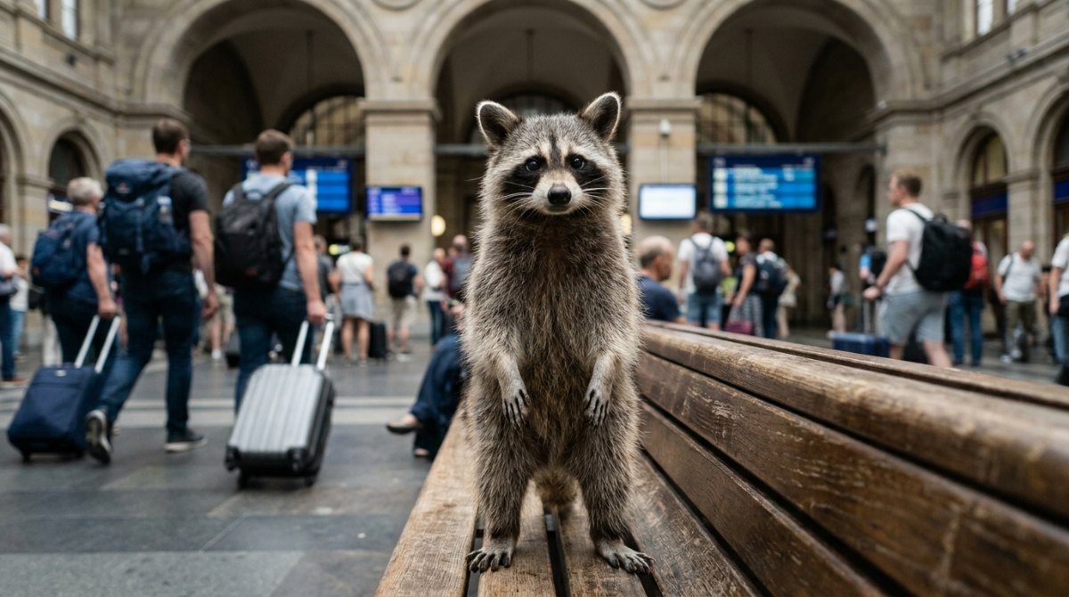 Waschbär steht aufgerichtet auf einer Bank in der Bahnhofshalle – Zwischenrufe kontern