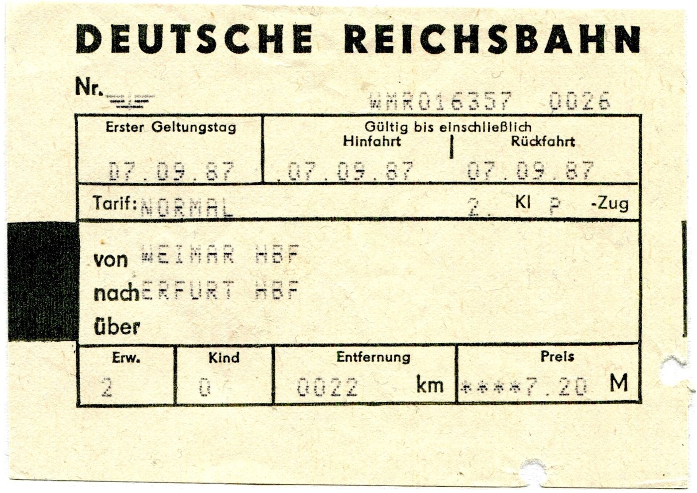 Fahrschein Deutsche Reichsbahn 1987 Weimar Erfurt