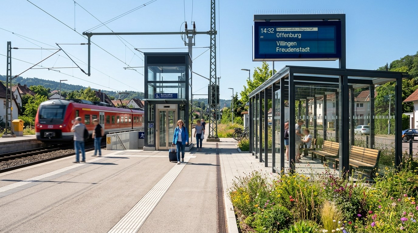 Modernisierter Zukunftsbahnhof mit Wetterschutz, Begrünung und Aufzug
