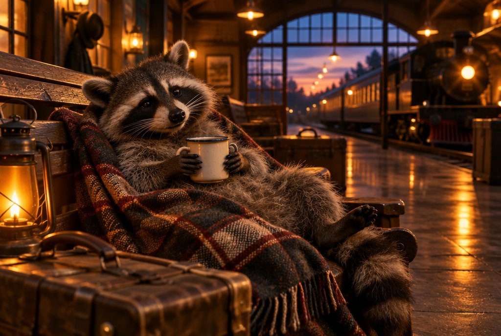 Waschbär sitzt abends ruhig mit einer Tasse Tee am Fenster