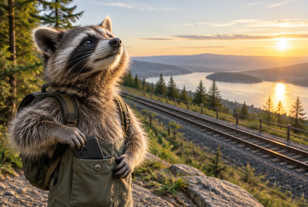 Waschbär genießt ohne Handy den Blick aus dem fahrenden Zug