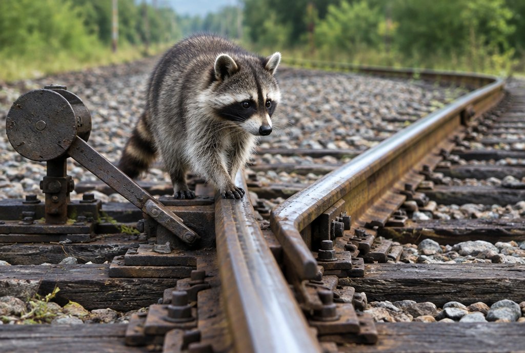 Waschbär stellt an einem Stellwerk konzentriert eine einzige Weiche