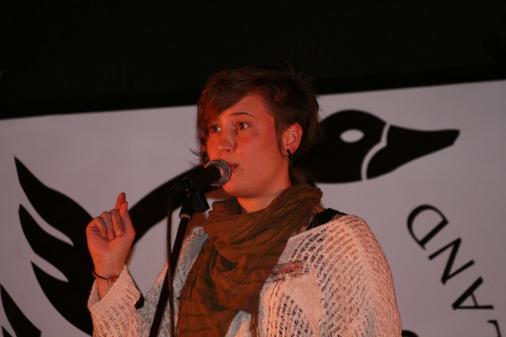 Person spricht bei einem Poetry Slam in ein Mikrofon auf der Bühne