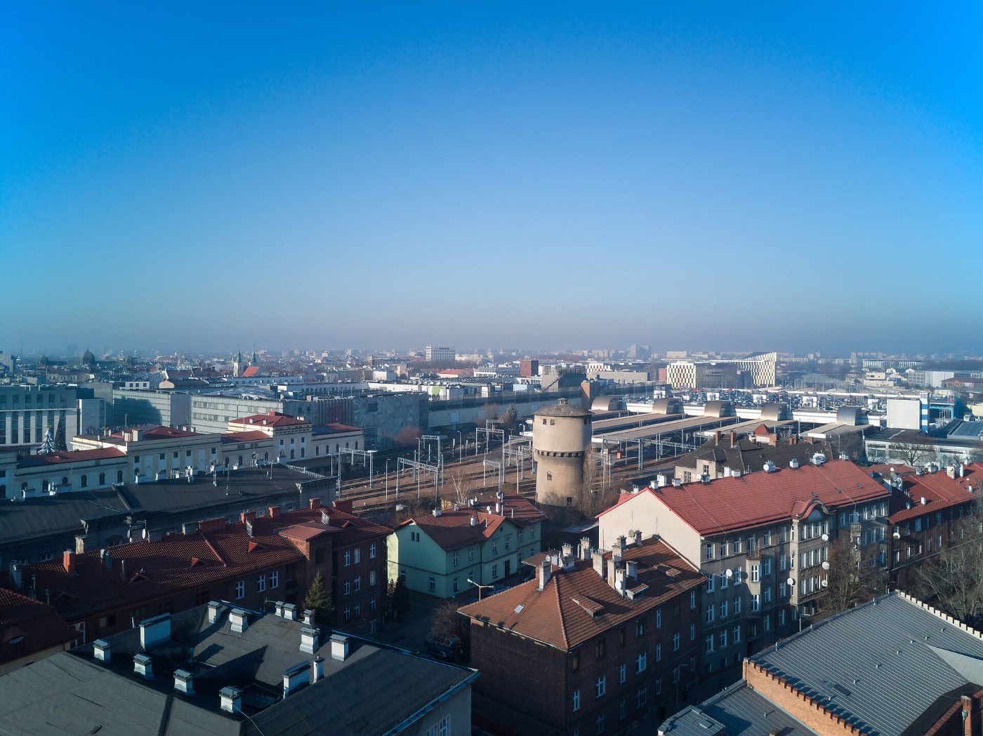 Aerial view of Kraków Główny station and Bosacka Street buildings, Polan