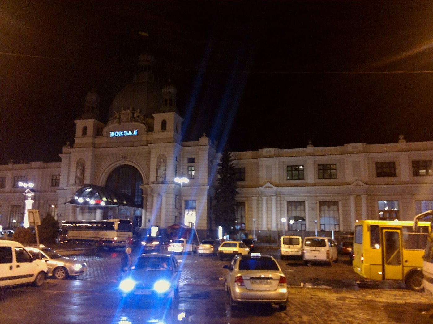 Lviv Railway Station at night