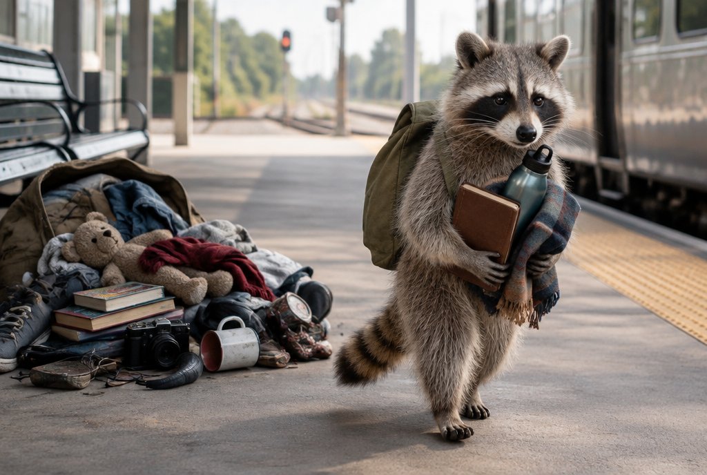 Waschbär legt zufrieden nur wenige, ausgewählte Dinge in einen Koffer