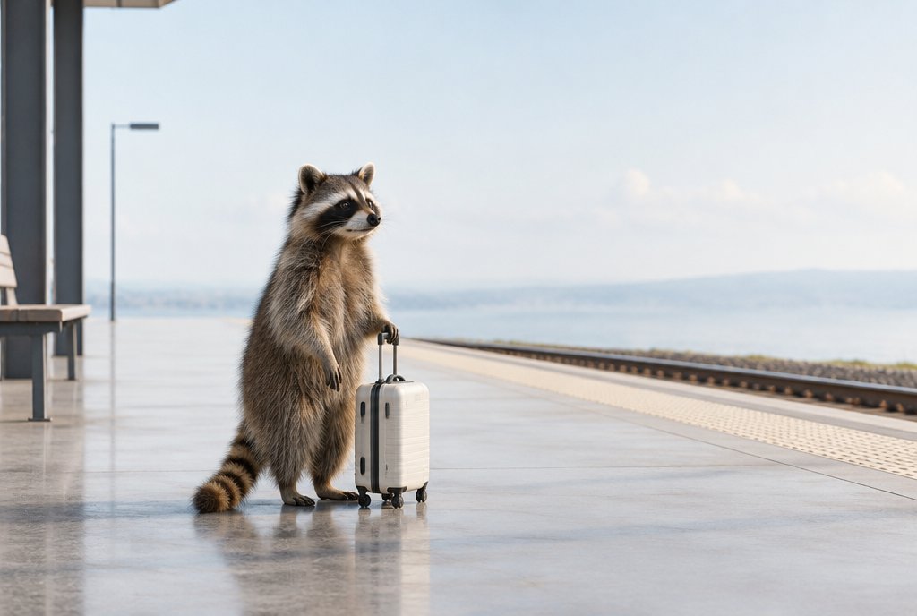 Waschbär mit einem einzigen, leichten Koffer auf dem Bahnsteig