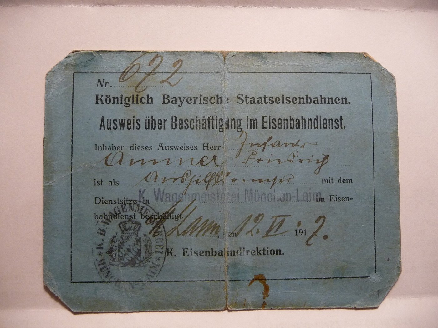 Bayerische Staatsbahn Beschäftigungsausweis